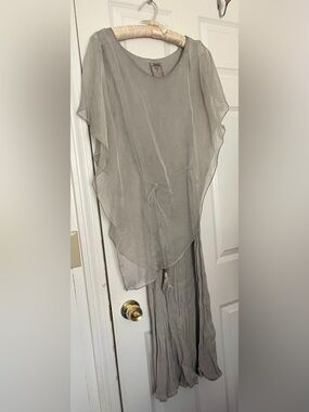 Fashion Concepts Sheer Grey Layered Dress with Tie Waist Flattering Coastal